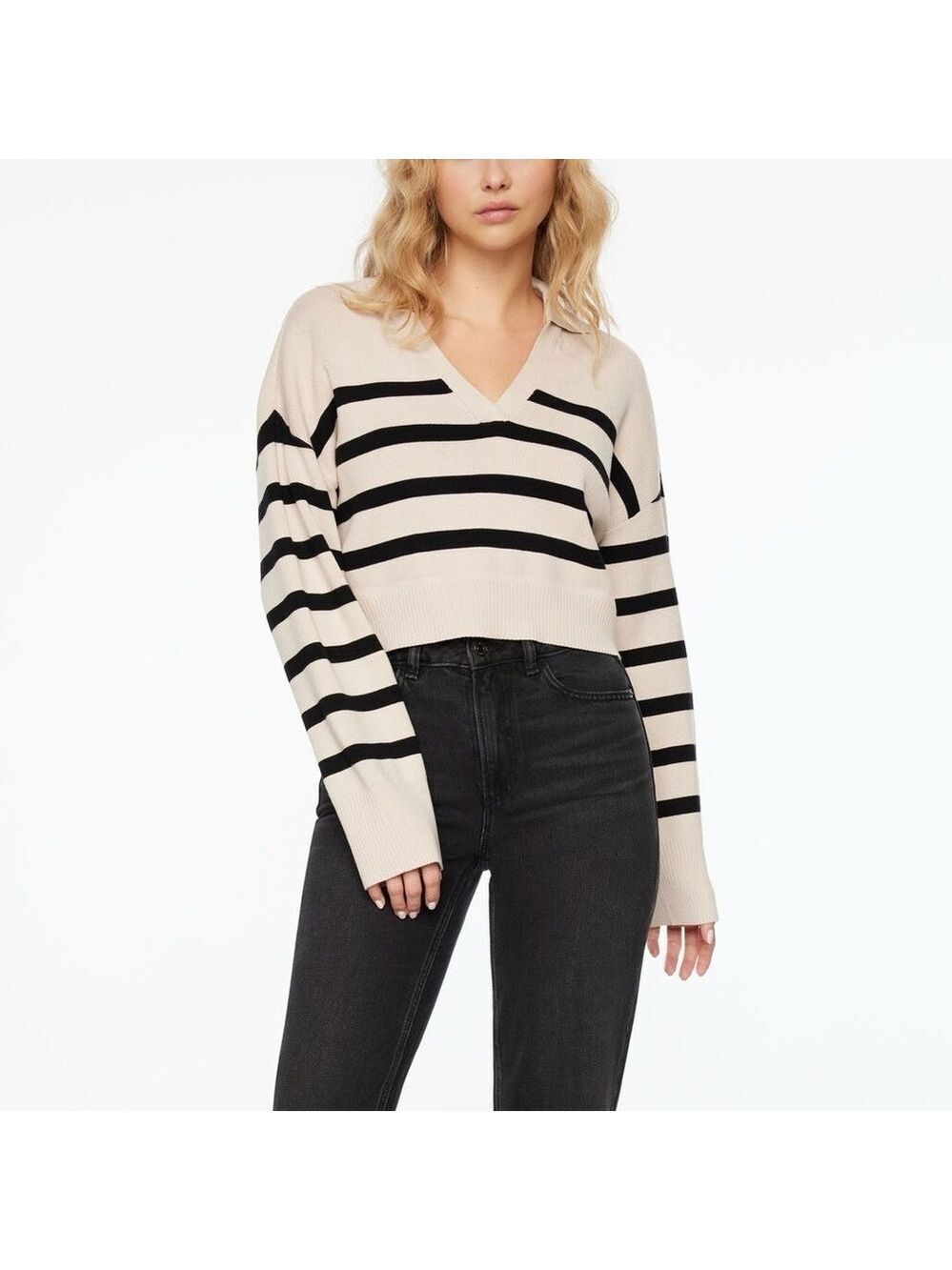 Dynamite Pull Polo Court Cropped Striped Polo Fine Stretch Knit Collared Sweater